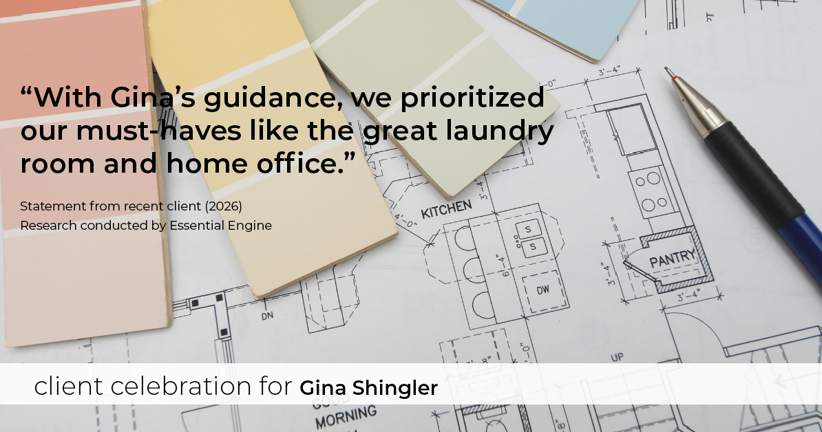 Testimonial for real estate agent Gina Shingler with Oregon & Washington Digs in Happy Valley, OR: "With Gina's guidance, we prioritized our must-haves like the great laundry room and home office."