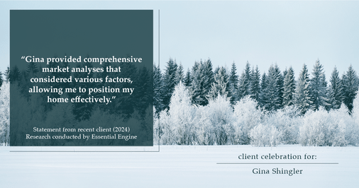 Testimonial for real estate agent Gina Shingler with Oregon & Washington Digs in Happy Valley, OR: "Gina provided comprehensive market analyses that considered various factors, allowing me to position my home effectively."