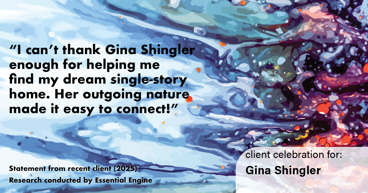 Testimonial for real estate agent Gina Shingler with Oregon & Washington Digs in Happy Valley, OR: "I can't thank Gina Shingler enough for helping me find my dream single-story home. Her outgoing nature made it easy to connect!"