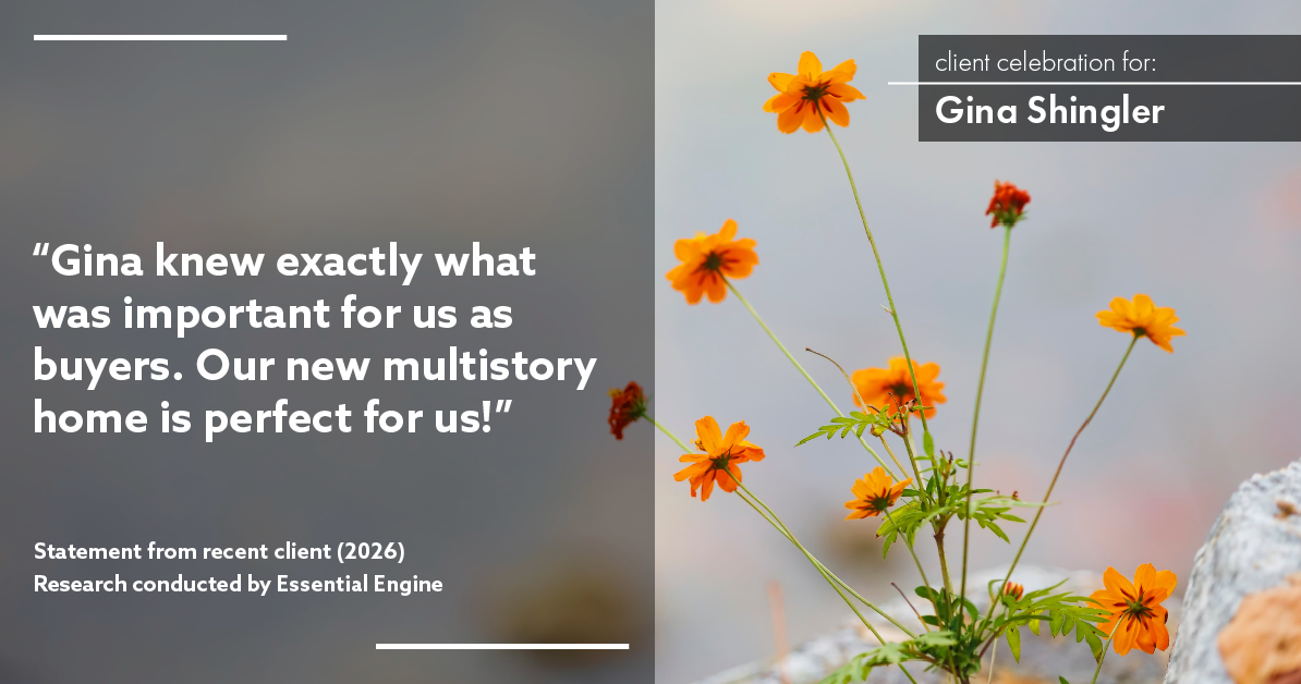 Testimonial for real estate agent Gina Shingler with Oregon & Washington Digs in Happy Valley, OR: "Gina knew exactly what was important for us as buyers. Our new multistory home is perfect for us!"