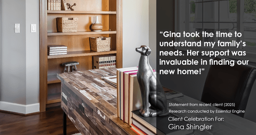 Testimonial for real estate agent Gina Shingler with Oregon & Washington Digs in Happy Valley, OR: "Gina took the time to understand my family's needs. Her support was invaluable in finding our new home!"