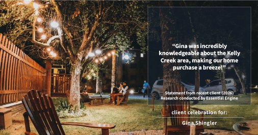 Testimonial for real estate agent Gina Shingler with Oregon & Washington Digs in Happy Valley, OR: "Gina was incredibly knowledgeable about the Kelly Creek area, making our home purchase a breeze!"