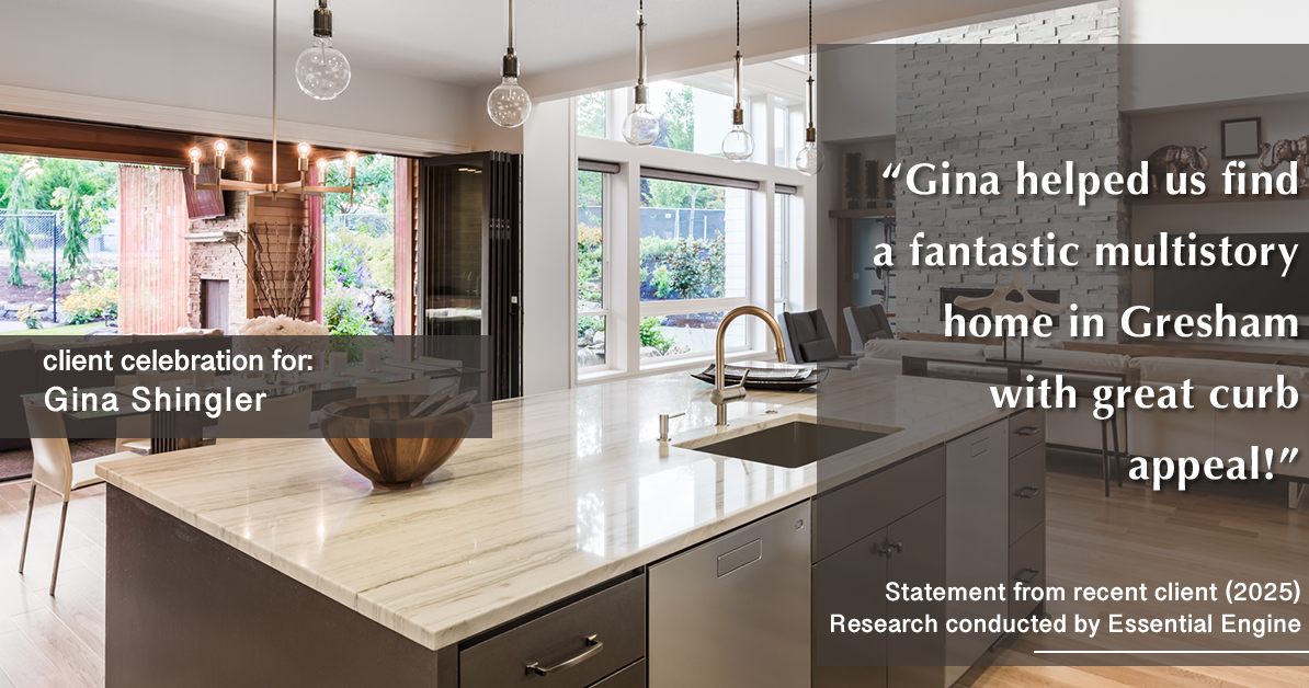 Testimonial for real estate agent Gina Shingler with Oregon & Washington Digs in Happy Valley, OR: "Gina helped us find a fantastic multistory home in Gresham with great curb appeal!"