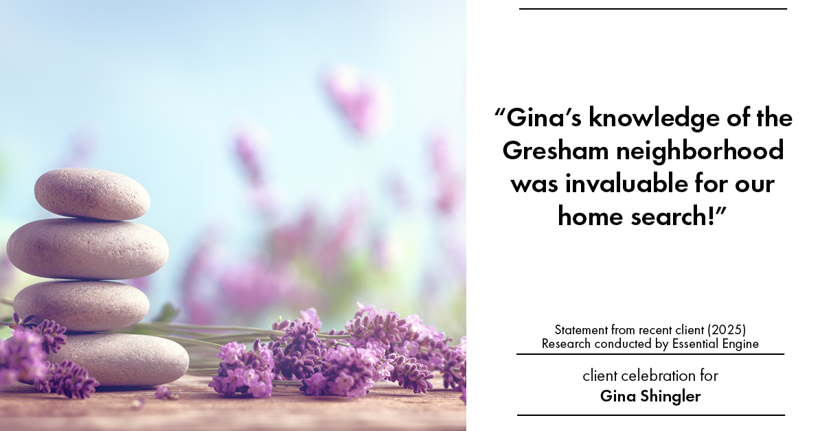 Testimonial for real estate agent Gina Shingler with Oregon & Washington Digs in Happy Valley, OR: "Gina's knowledge of the Gresham neighborhood was invaluable for our home search!"