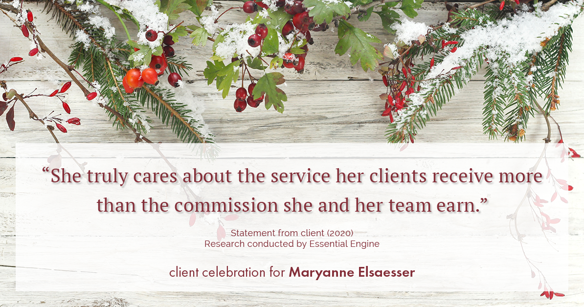 Testimonial for real estate agent Maryanne Elsaesser in , : “She truly cares about the service her clients receive more than the commission she and her team earn."
