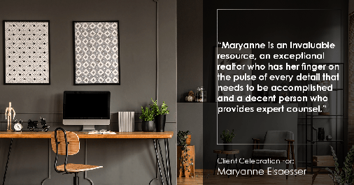 Testimonial for real estate agent Maryanne Elsaesser in , : "Maryanne is an invaluable resource, an exceptional realtor who has her finger on the pulse of every detail that needs to be accomplished and a decent person who provides expert counsel."
