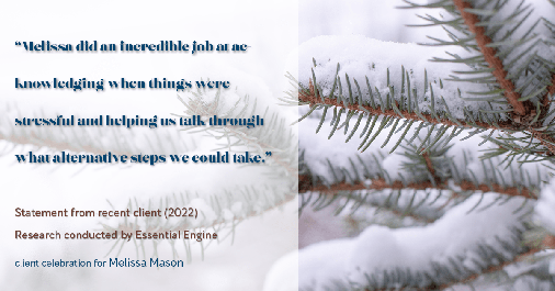 Testimonial for mortgage professional Melissa Mason in Fairfield, CT: "Melissa did an incredible job at acknowledging when things were stressful and helping us talk through what alternative steps we could take."