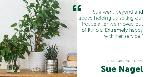 Testimonial for real estate agent Sue Nagel with LW Reedy Real Estate in Elmhurst, IL: "Sue went beyond and above helping us selling our house after we moved out of Illinois. Extremely happy with her service."