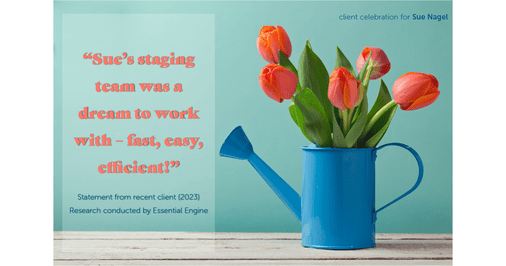 Testimonial for real estate agent Sue Nagel with LW Reedy Real Estate in Elmhurst, IL: "Sue's staging team was a dream to work with – fast, easy, efficient!"