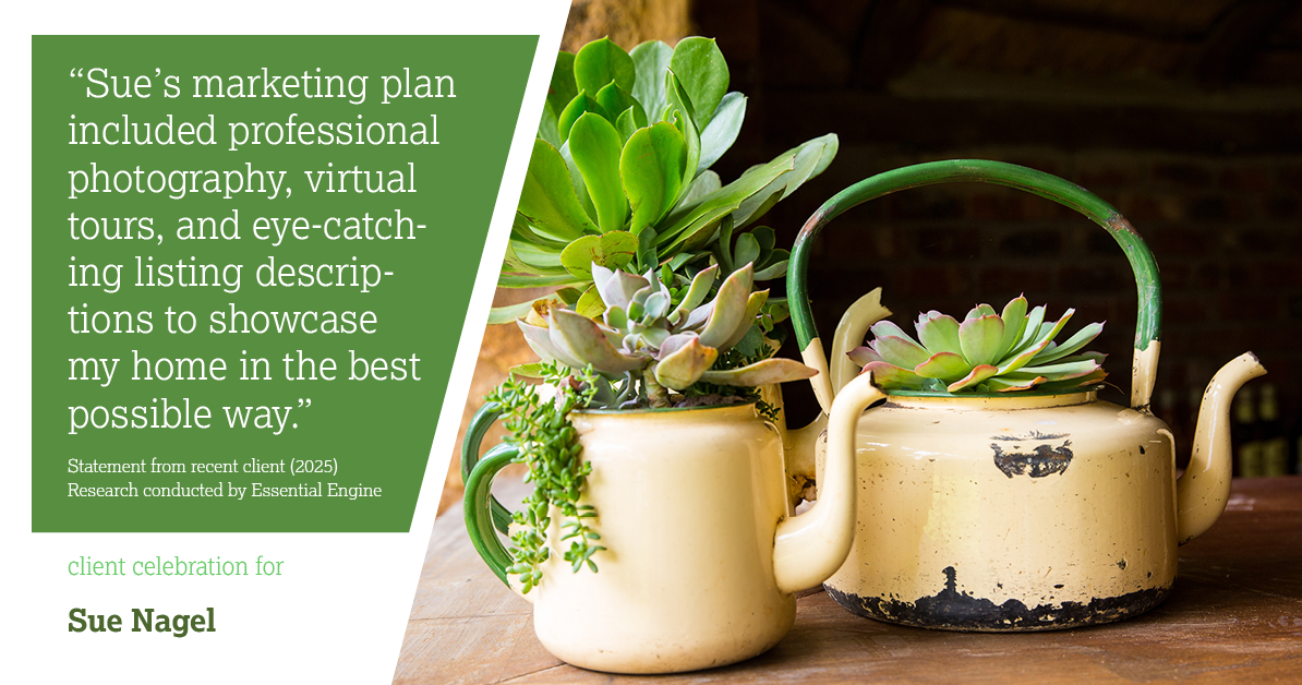 Testimonial for real estate agent Sue Nagel with LW Reedy Real Estate in Elmhurst, IL: "Sue's marketing plan included professional photography, virtual tours, and eye-catching listing descriptions to showcase my home in the best possible way."