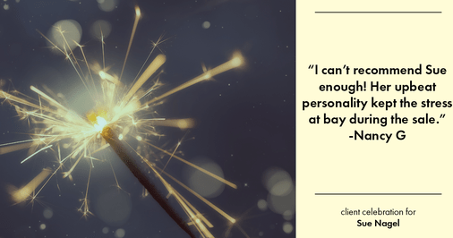 Testimonial for real estate agent Sue Nagel with LW Reedy Real Estate in Elmhurst, IL: "I can't recommend Sue enough! Her upbeat personality kept the stress at bay during the sale."