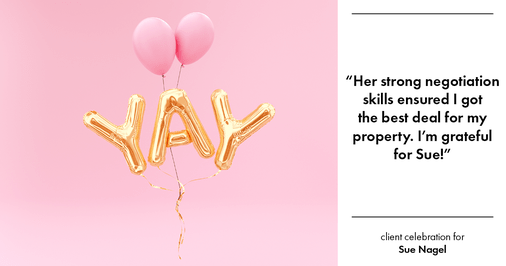 Testimonial for real estate agent Sue Nagel with LW Reedy Real Estate in Elmhurst, IL: "Her strong negotiation skills ensured I got the best deal for my property. I'm grateful for Sue!"