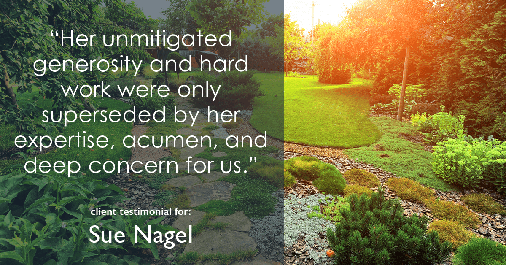 Testimonial for real estate agent Sue Nagel with LW Reedy Real Estate in Elmhurst, IL: "Her unmitigated generosity and hard work were only superseded by her expertise, acumen, and deep concern for us."