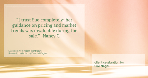 Testimonial for real estate agent Sue Nagel with LW Reedy Real Estate in Elmhurst, IL: "I trust Sue completely; her guidance on pricing and market trends was invaluable during the sale."