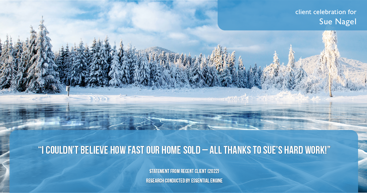 Testimonial for real estate agent Sue Nagel with LW Reedy Real Estate in Elmhurst, IL: "I couldn't believe how fast our home sold – all thanks to Sue's hard work!"