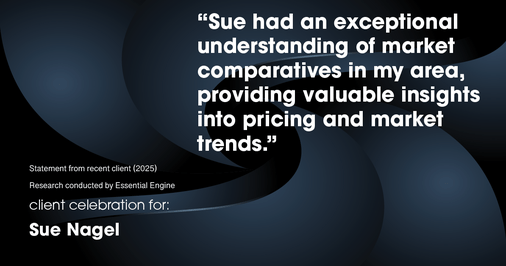 Testimonial for real estate agent Sue Nagel with LW Reedy Real Estate in Elmhurst, IL: "Sue had an exceptional understanding of market comparatives in my area, providing valuable insights into pricing and market trends."