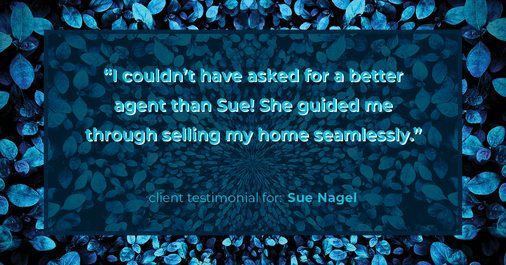 Testimonial for real estate agent Sue Nagel with LW Reedy Real Estate in Elmhurst, IL: "I couldn't have asked for a better agent than Sue! She guided me through selling my home seamlessly."