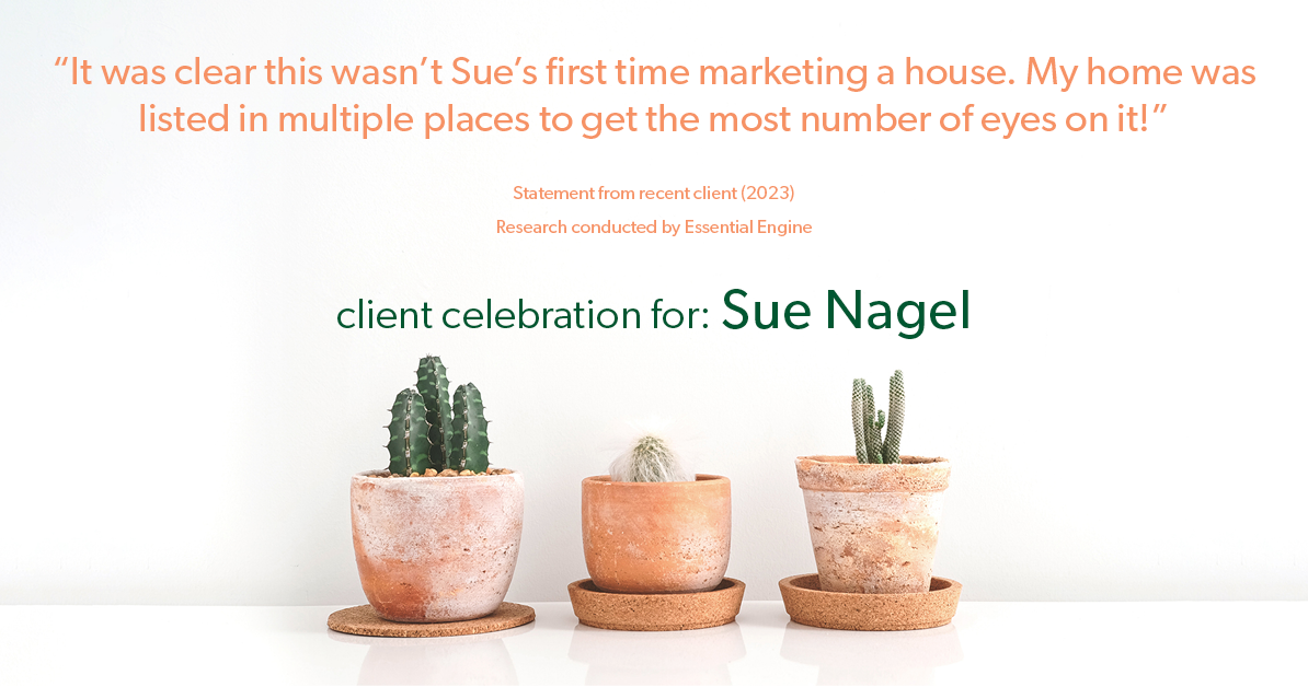 Testimonial for real estate agent Sue Nagel with LW Reedy Real Estate in Elmhurst, IL: "It was clear this wasn't Sue's first time marketing a house. My home was listed in multiple places to get the most number of eyes on it!"