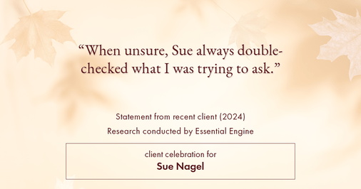 Testimonial for real estate agent Sue Nagel with LW Reedy Real Estate in Elmhurst, IL: "When unsure, Sue always double-checked what I was trying to ask."