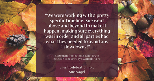 Testimonial for real estate agent Sue Nagel with LW Reedy Real Estate in Elmhurst, IL: "We were working with a pretty specific timeline. Sue went above and beyond to make it happen, making sure everything was in order and all parties had what they needed to avoid any slowdowns!"