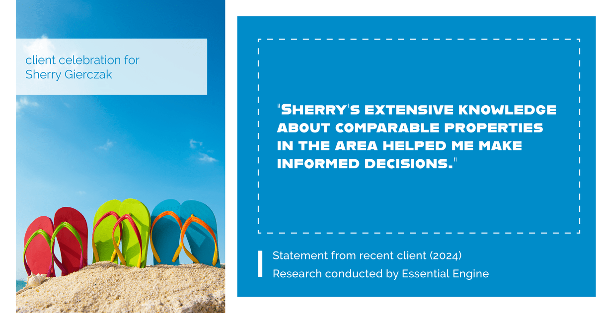 Testimonial for real estate agent Sherry Gierczak with Lannon Stone Realty in , : "Sherry's extensive knowledge about comparable properties in the area helped me make informed decisions."