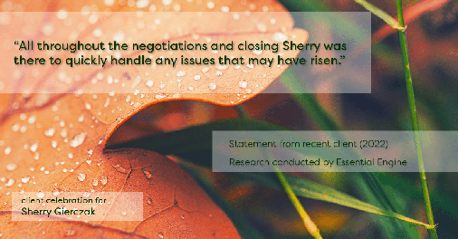 Testimonial for real estate agent Sherry Gierczak with Lannon Stone Realty in , : "All throughout the negotiations and closing Sherry was there to quickly handle any issues that may have risen."