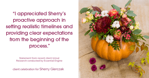 Testimonial for real estate agent Sherry Gierczak with Lannon Stone Realty in , : I appreciated Sherry's proactive approach in setting realistic timelines and providing clear expectations from the beginning of the process.