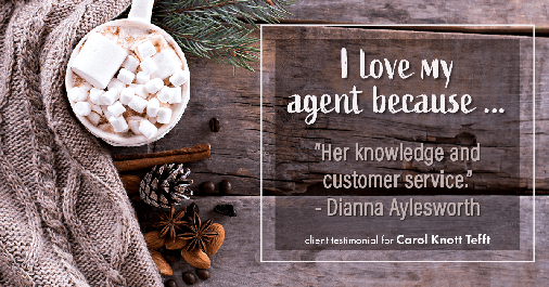 Testimonial for real estate agent Carol Knott Tefft with RE/MAX Integrity in Tomball, TX: Love My Agent: "Her knowledge and customer service." - Dianna Aylesworth