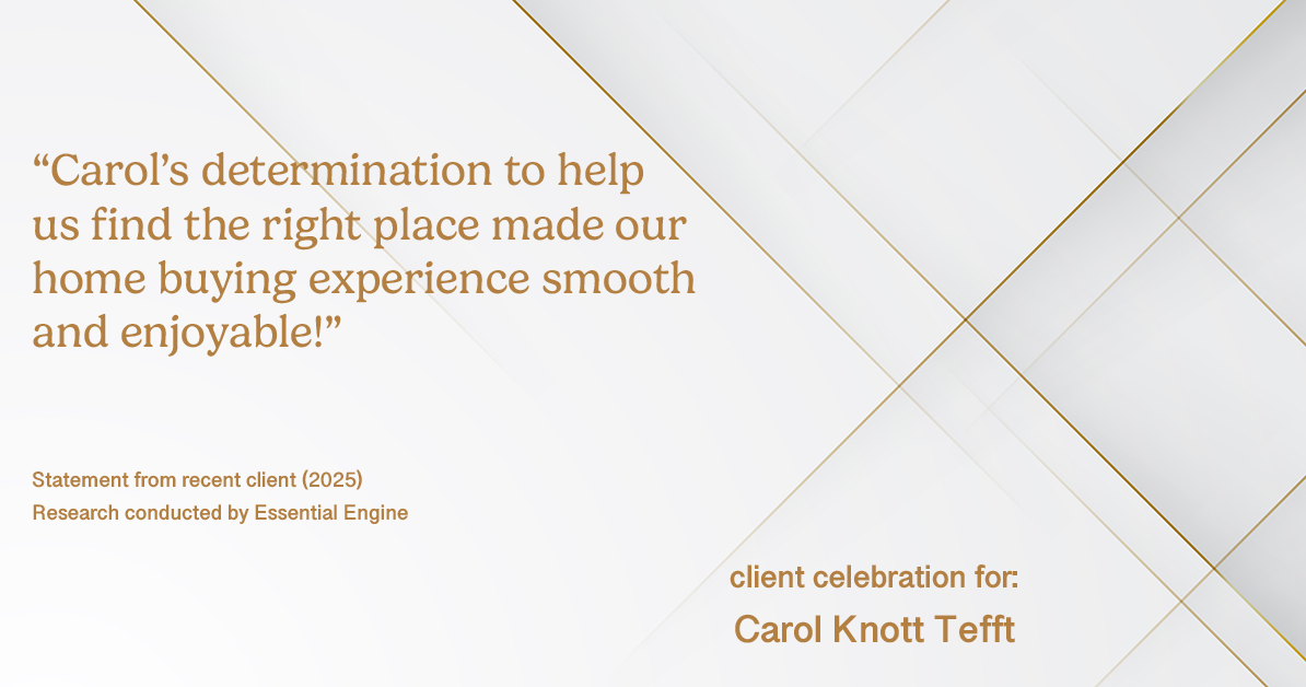 Testimonial for real estate agent Carol Knott Tefft with RE/MAX Integrity in Tomball, TX: "Carol's determination to help us find the right place made our home buying experience smooth and enjoyable!"