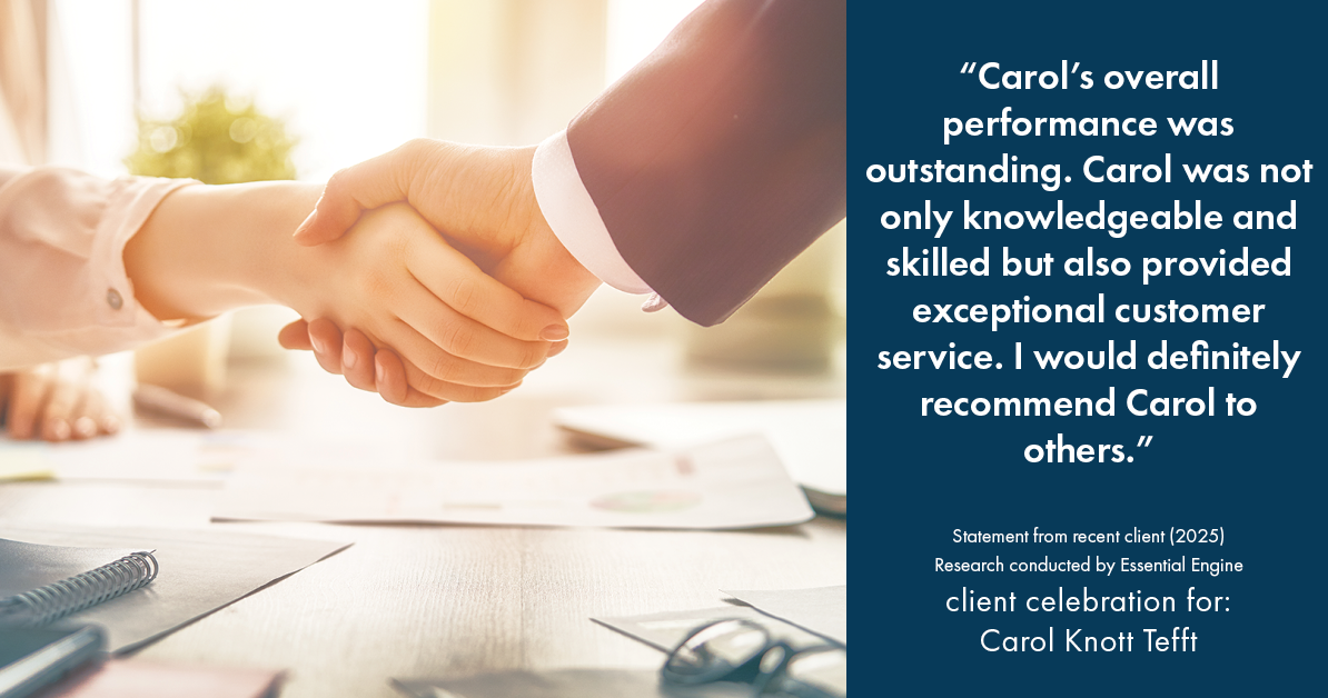 Testimonial for real estate agent Carol Knott Tefft with RE/MAX Integrity in Tomball, TX: "Carol's overall performance was outstanding. Carol was not only knowledgeable and skilled but also provided exceptional customer service. I would definitely recommend Carol to others."