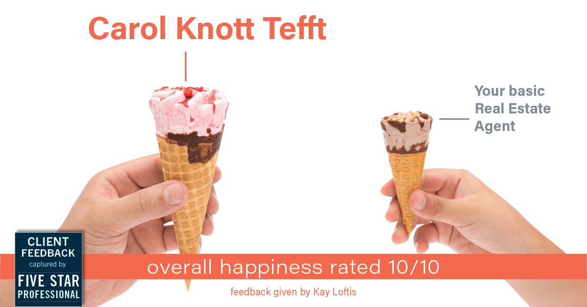 Testimonial for real estate agent Carol Knott Tefft with RE/MAX Integrity in Tomball, TX: Happiness Meters: Ice cream 10/10 (overall happiness - Kay Loftis)