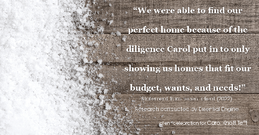 Testimonial for real estate agent Carol Knott Tefft with RE/MAX Integrity in Tomball, TX: "We were able to find our perfect home because of the diligence Carol put in to only showing us homes that fit our budget, wants, and needs!"