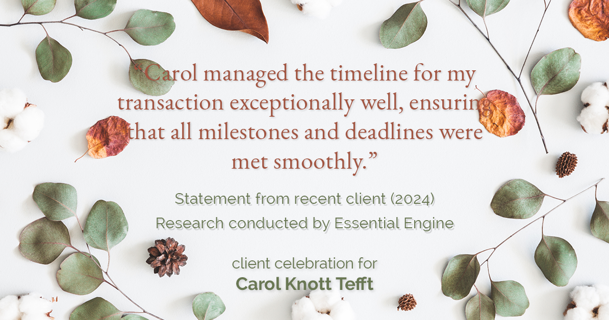 Testimonial for real estate agent Carol Knott Tefft with RE/MAX Integrity in Tomball, TX: "Carol managed the timeline for my transaction exceptionally well, ensuring that all milestones and deadlines were met smoothly."