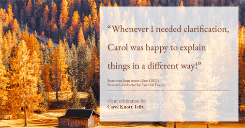 Testimonial for real estate agent Carol Knott Tefft with RE/MAX Integrity in Tomball, TX: "Whenever I needed clarification, Carol was happy to explain things in a different way!"