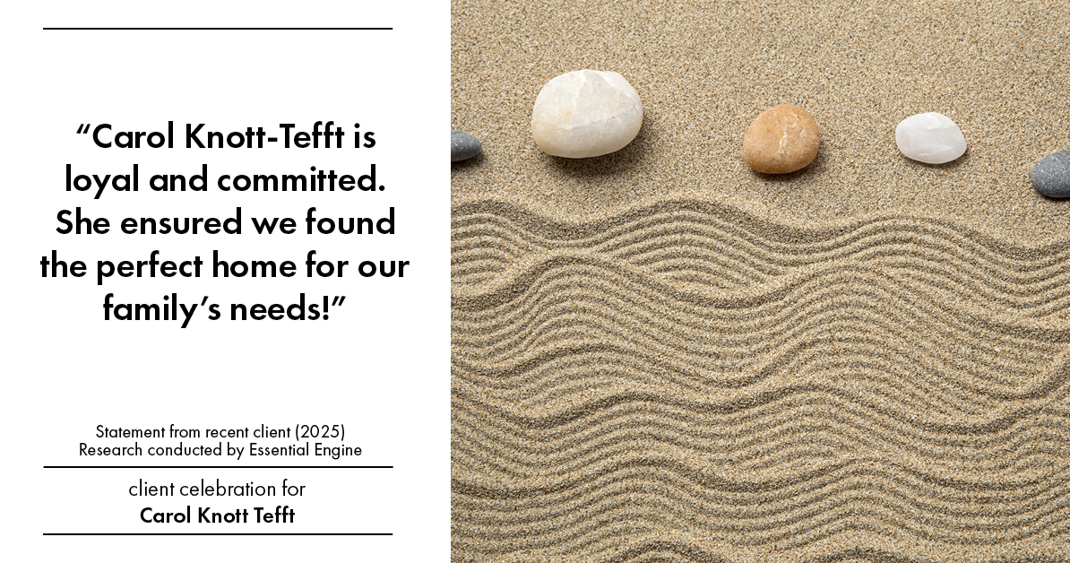 Testimonial for real estate agent Carol Knott Tefft with RE/MAX Integrity in Tomball, TX: "Carol Knott-Tefft is loyal and committed. She ensured we found the perfect home for our family's needs!"