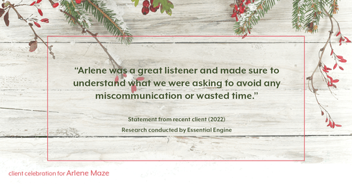 Testimonial for real estate agent Arlene Maze with Dochen Realtors in Austin, TX: "Arlene was a great listener and made sure to understand what we were asking to avoid any miscommunication or wasted time."