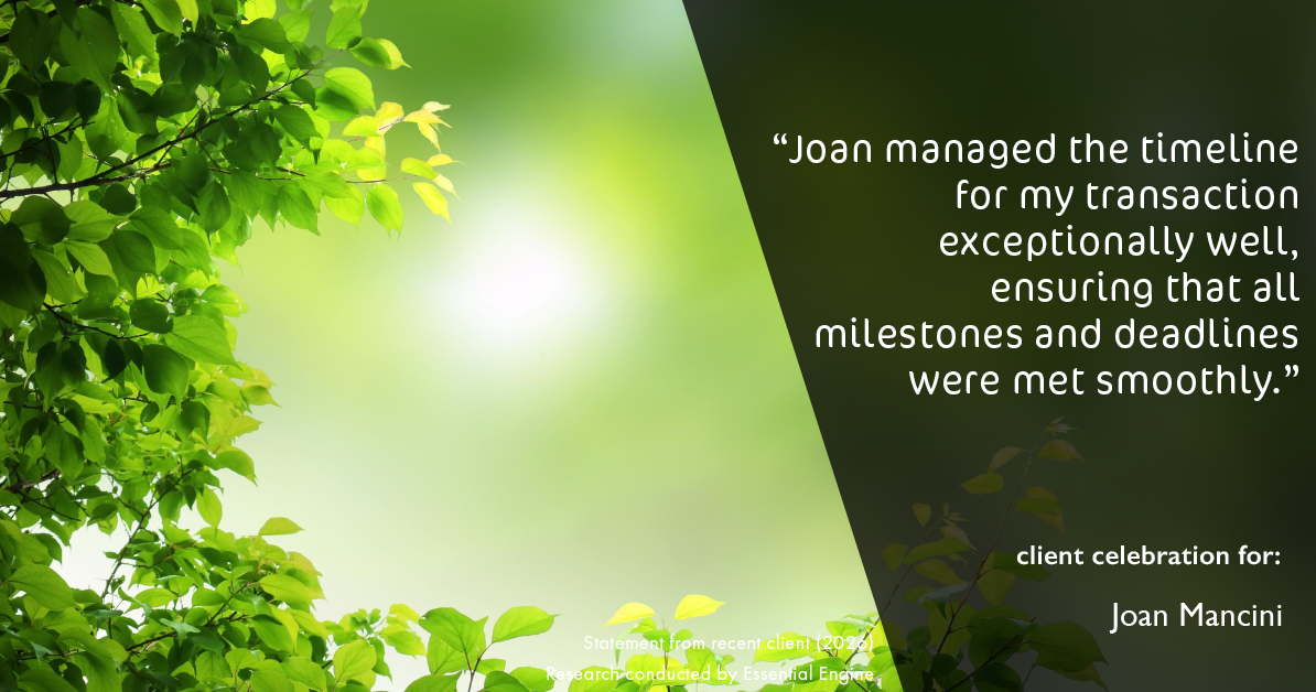 Testimonial for real estate agent Joan Mancini with Mancini Realty in Somers, NY: "Joan managed the timeline for my transaction exceptionally well, ensuring that all milestones and deadlines were met smoothly."