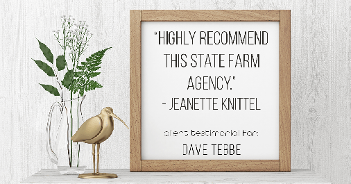 Testimonial for insurance professional Dave Tebbe in , : "Highly recommend this State Farm agency." - Jeanette Knittel