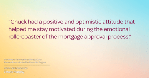 Testimonial for mortgage professional Chuck Murphy with Caltex Funding LP in Bedford, TX: "Chuck had a positive and optimistic attitude that helped me stay motivated during the emotional rollercoaster of the mortgage approval process."