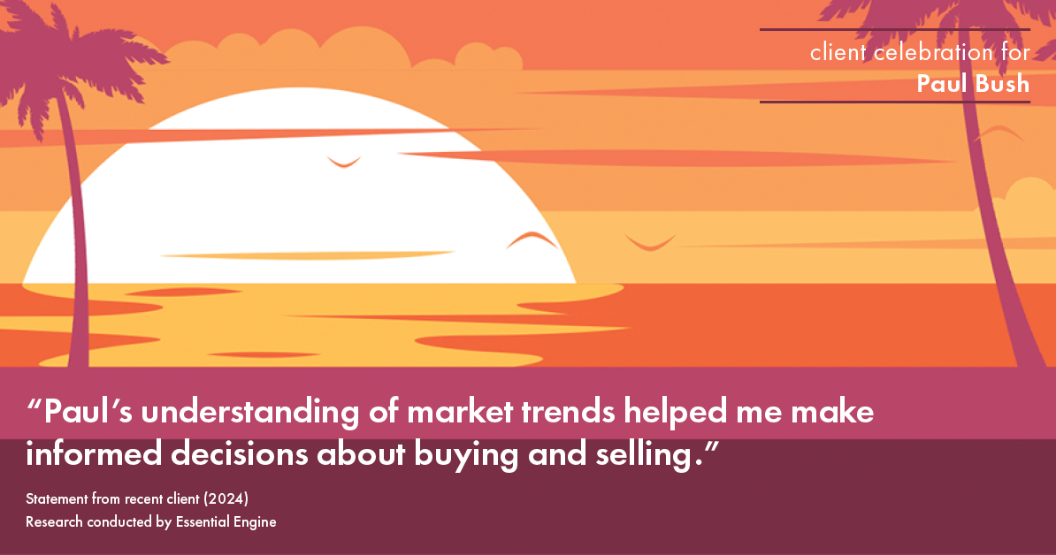 Testimonial for real estate agent Paul Bush with Keller Williams Realty in Plano, TX: "Paul's understanding of market trends helped me make informed decisions about buying and selling."