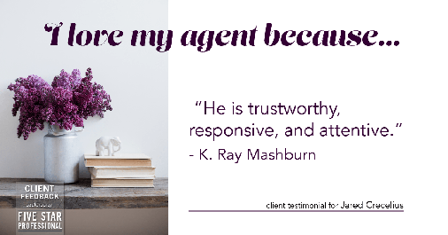 Testimonial for real estate agent Jared Crecelius in Cedar Park, TX: Love My Agent: "He is trustworthy, responsive, and attentive." - K. Ray Mashburn