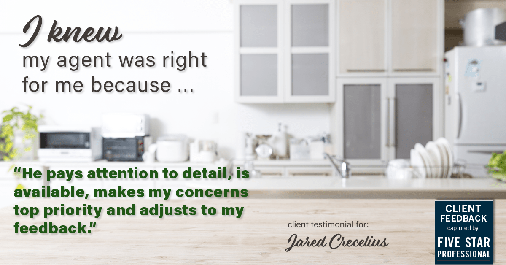 Testimonial for real estate agent Jared Crecelius in Cedar Park, TX: Right Agent: "He pays attention to detail, is available, makes my concerns top priority and adjusts to my feedback."