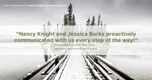 Testimonial for real estate agent Nancy and Jessica Knight in Georgetown, TX: "Nancy Knight and Jessica Burks proactively communicated with us every step of the way!"