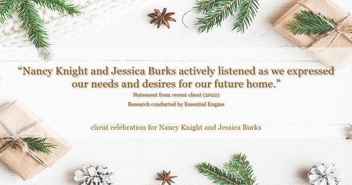 Testimonial for real estate agent Nancy and Jessica Knight in Georgetown, TX: "Nancy Knight and Jessica Burks actively listened as we expressed our needs and desires for our future home."