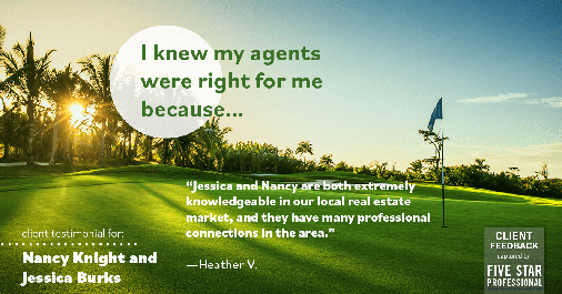 Testimonial for real estate agent Nancy and Jessica Knight in Georgetown, TX: Right Agents: "Jessica and Nancy are both extremely knowledgeable in our local real estate market, and they have many professional connections in the area." - Heather V.