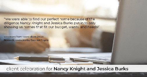 Testimonial for real estate agent Nancy and Jessica Knight in Georgetown, TX: "We were able to find our perfect home because of the diligence Nancy Knight and Jessica Burks put in to only showing us homes that fit our budget, wants, and needs!"