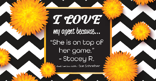Testimonial for real estate agent Sue Schreiber in , : Love My Agent: "She is on top of her game." - Stacey R.