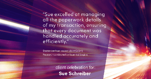 Testimonial for real estate agent Sue Schreiber in , : "Sue excelled at managing all the paperwork details of my transaction, ensuring that every document was handled accurately and efficiently."