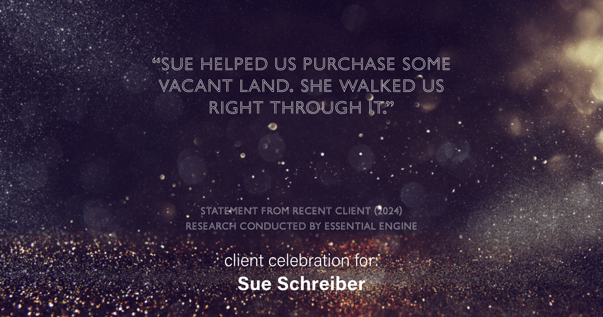 Testimonial for real estate agent Sue Schreiber in , : "Sue helped us purchase some vacant land. she walked us right through it."