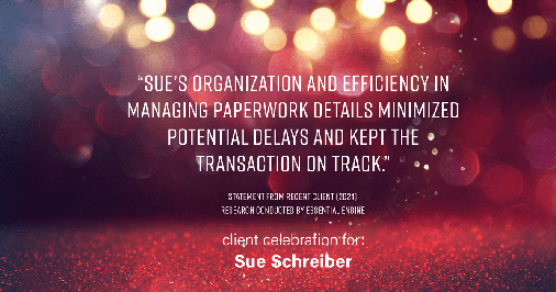 Testimonial for real estate agent Sue Schreiber in , : "Sue's organization and efficiency in managing paperwork details minimized potential delays and kept the transaction on track."